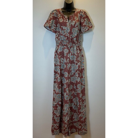 Anthropologie Wide-Leg Floral Jumpsuit XS Brick Red Teal Short Sleeve NWT - Picture 3 of 8